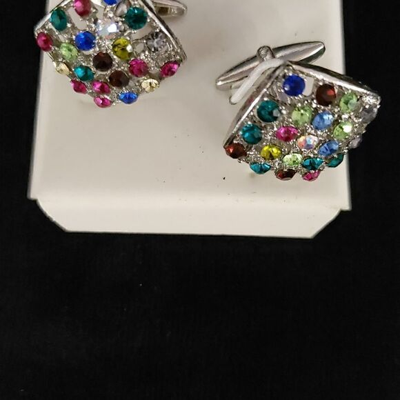 MEN'S DESIGNER EJ SAMUELS MULTI COLOR JEWEL RHINESTONE CUFFLINK WITH SILVER BASE - Picture 3 of 6